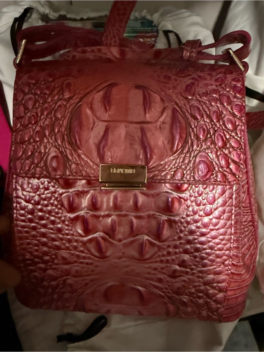 Brahmin Hot Pink Embossed Croc-Effect Crossbody - Picture 2 of 2